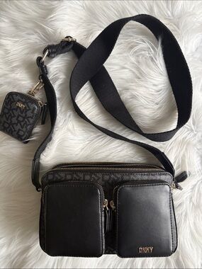 DKNY Black Logo Crossbody with Dual Front Pockets and Coin Pod